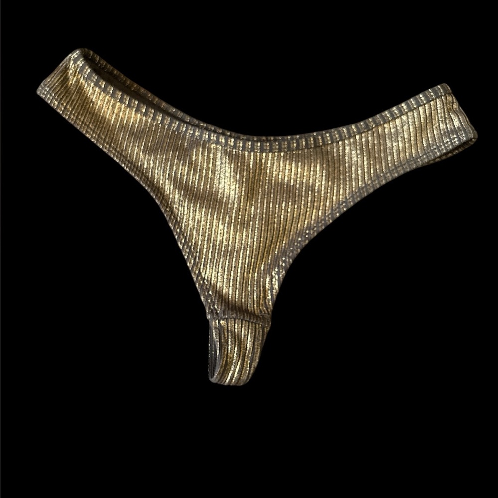 Forever 21 Black and Gold Ribbed Bikini Thong Bottom small